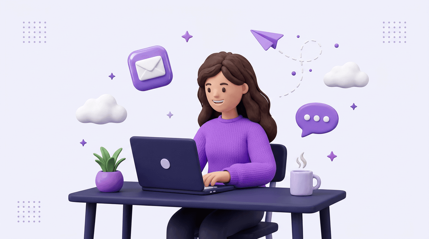 3D illustration of a designer working on a laptop surrounded by mail, chat and paper-plane icons