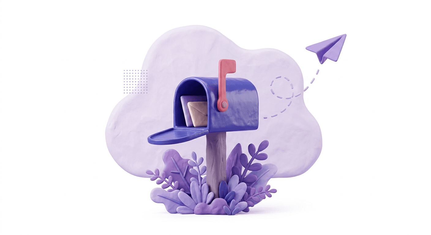 3D illustration of a purple mailbox with a paper plane