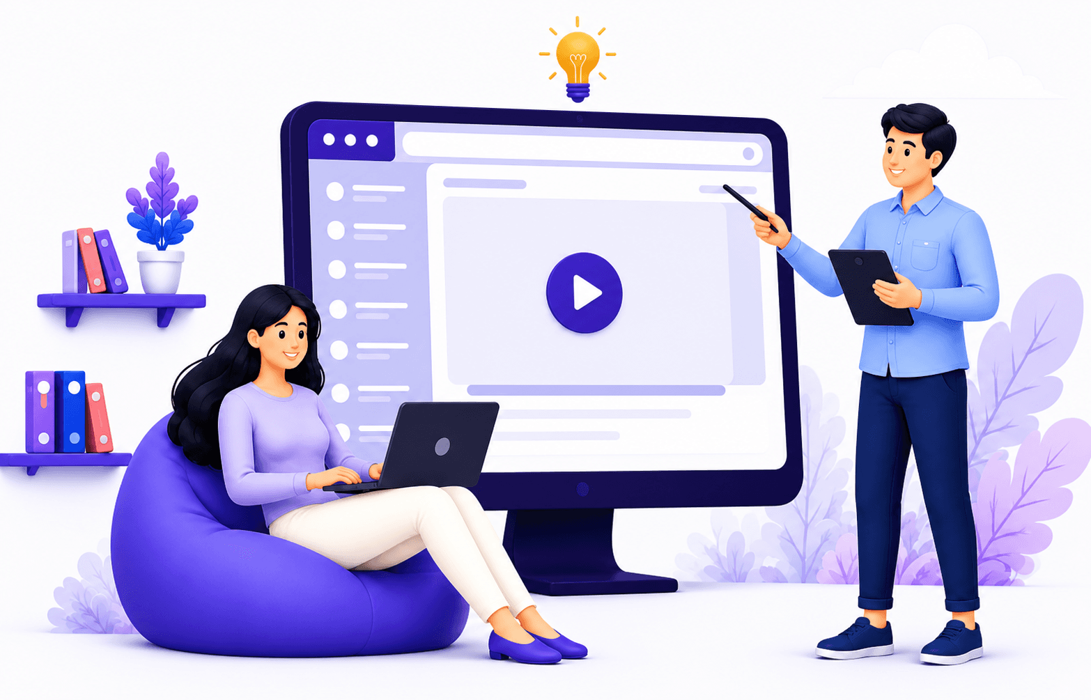 A woman and a man collaborating on an e-learning module
